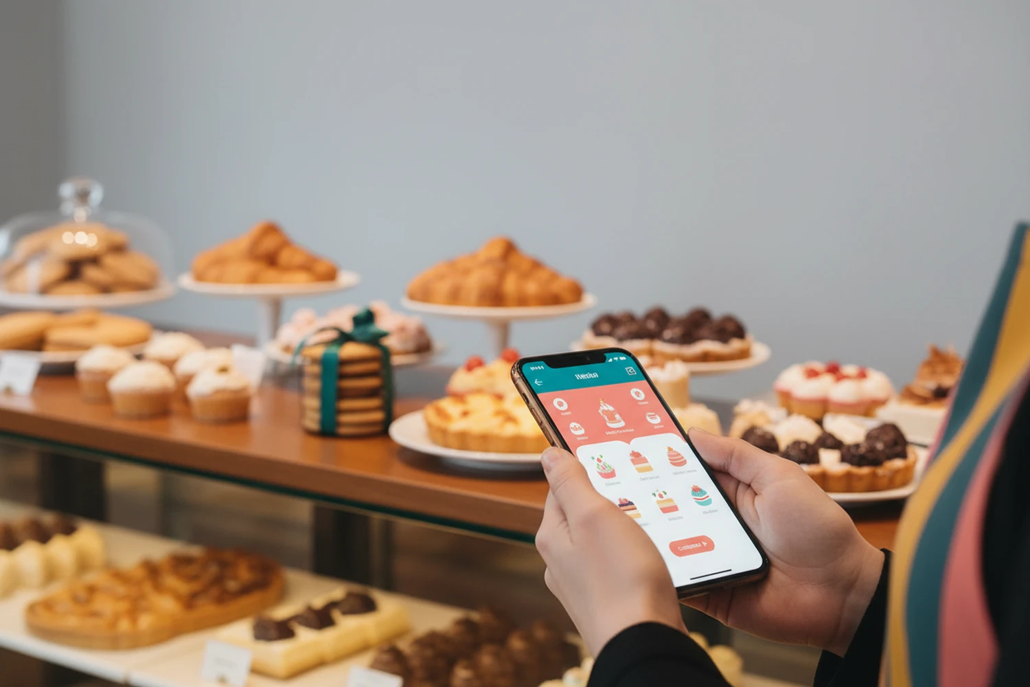 Cliente segurando celular com cardápio interativo e doces ao fundo